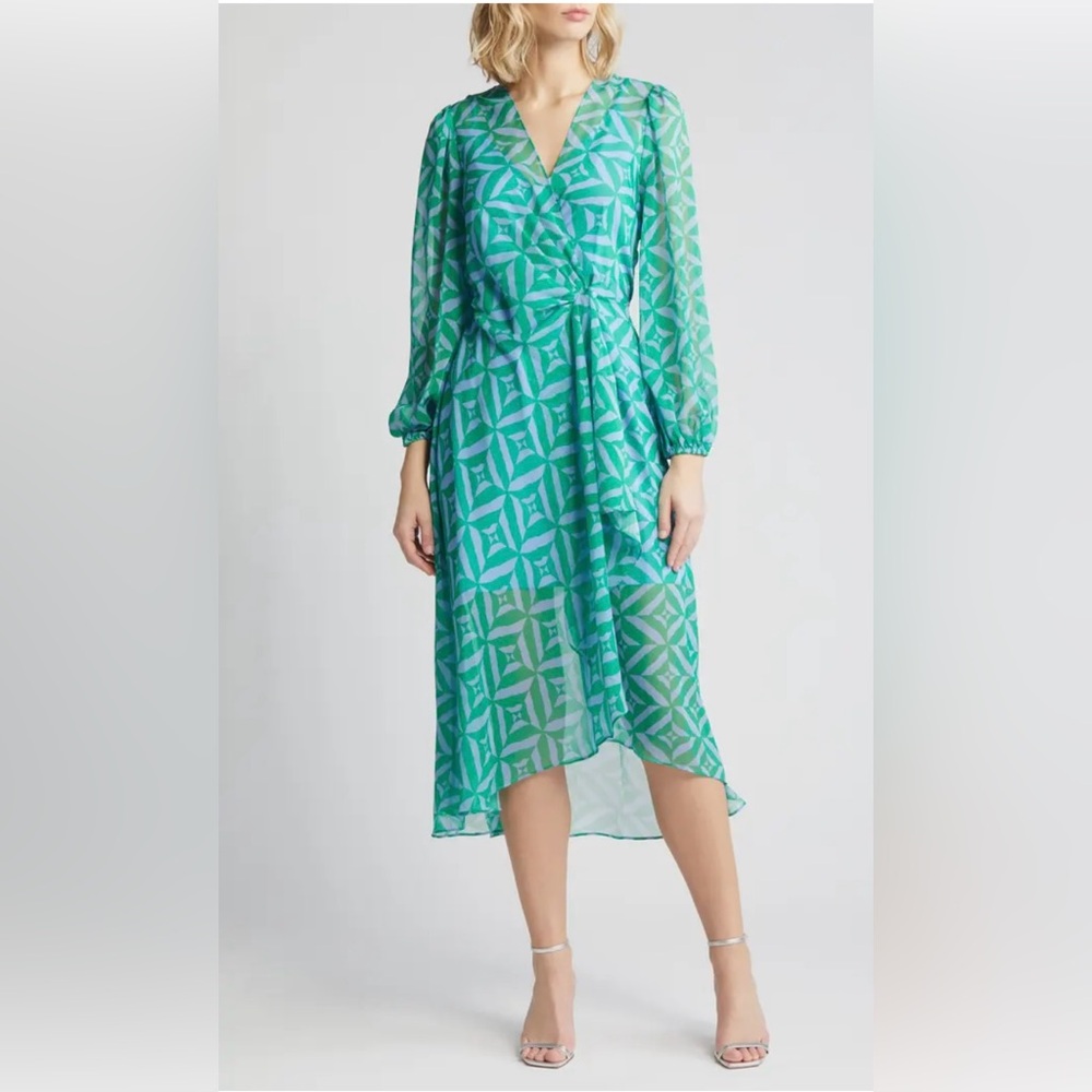 Sam Edelman NEW Geometric Long Sleeve Chiffon Wrap Dress size 2 small